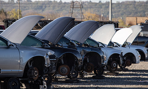 Line up of open hooded cars